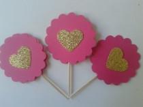 wedding photo - Deep Pink and Gold Heart Cupcake Toppers, Birthday Toppers, Heart Party Favors,Wedding Toppers, Gold Heart Cupcake Toppers,Theme Party