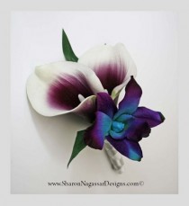 wedding photo - Corsage OR Boutonniere, purple, blue/aqua/teal/turquoise, orchids, Picasso lilies, dendrobium, Real Touch flowers, silk, prom/wedding