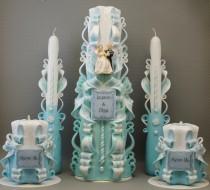 wedding photo - Unity candle set, candles for weddings, wedding candles, carved candles, gift, decor, White and Blue set