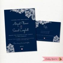 wedding photo - Navy Blue Wedding Invitation, RSVP card set kit, Lace & linen, Engagement, Classic, Simple, Vintage, Rustic, Romantic - Printable Digital