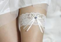 wedding photo - Ivory lace Garter, Wedding garte, Bridal Garter, Blue Garter, Ivory Bow Garter, Blue rhinestones something blue garter
