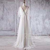 wedding photo - 2017 Off White Chiffon Bridesmaid Dress, Deep V Neck Wedding Dress, Ruffle Sleeves Prom Dress, A Line Evening Gown Floor Length (H339)