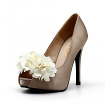 wedding photo - Champagne Satin Wedding Shoes with Fabric Flowers