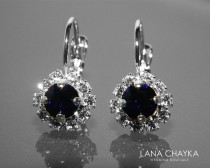wedding photo -  Dark Blue Halo Crystal Earrings Swarovski Dark Indigo Silver Earrings Dark Navy Blue Leverback Small Earrings Bridal Bridesmaid Blue Jewelry