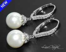 wedding photo -  Bridal Swarovski 10mm White Pearl Earrings White Pearl Silver Leverback Earrings White Pearl Cubic Zirconia Earring Bridesmaid Pearl Jewelry