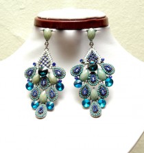 wedding photo - Blue Teal Chandelier Earrings, Peacock Style Crystal Earrings, Bohemian Jewelry, Statement Earrings