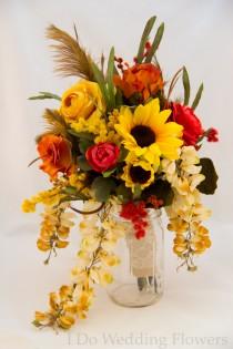 wedding photo - Bridal bouquet, Country wedding, Sunflower and roses with burlap, Rustic Fall wedding bouquet, Ready to ship or can be made to order