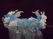 wedding photo - Handmade Veil Flowered Headpiece Aqua Tulle Wedding Bridal Bride Beach Garden Halloween Costume Cosplay