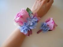 wedding photo - Pink Rose Wrist Corsage Light Blue Hydrangea Accent with Matching Bout
