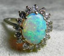 wedding photo - Opal Ring Vintage Opal Engagement Ring 1.65 carat Australian Opal Engagement Ring Colorful Opal 0.50cttw Diamond Halo 14k white gold