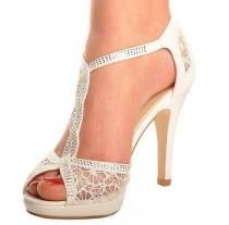 wedding photo - Details About Off White Lace Diamante Platform Wedding Sandals Heels T-Bar Peeptoe Shoes