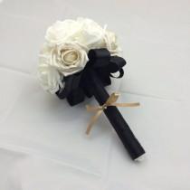wedding photo - Bridesmaid or throw flower bouquet, black and white wedding silk ribbon made to order