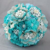 wedding photo - Vintage Bridal Brooch Bouquet - Pearl Rhinestone Crystal - Silver Teal Blue Aqua Blue Ivory - Starfish - BB053LX