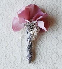 wedding photo - Hydrangea Boutonniere Corsages - Pearl Rhinestone Crystal - Silver Blush Light Pink Grey - 25% off - BN004LX