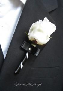 wedding photo - White Rose Boutonniere with Black Ribbon, Groomsmen Lapel Decoration, Mens Buttonhole Bloom