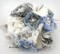 wedding photo - Brooch Bouquet, Ivory, Dusty Blue, Gray, Silver, Elegant Wedding, Bridal, Jeweled, Lace, Crystals, Feather Bouquet, Pearls, Vintage Style