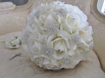 wedding photo - Ivory real touch rose and rhinestone brooch wedding bouquet.