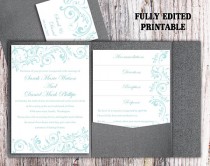 wedding photo - Printable Pocket Wedding Invitation Suite Printable Invitation Elegant Invitation Blue Aqua Invitation Download Invitation Edited PDF file