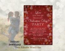 wedding photo -  Valentines Day Party Invitation - Printable Valentines Invitation Valentines Day Card - Bokeh Invitation Editable Template Download DIY Red