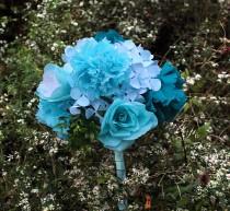 wedding photo - Paper Flower Bouquet - Blue Flowers - Roses Hydrangeas and Carnations - Wedding Bouquet, Centerpiece, Handmade