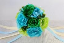 wedding photo - Paper Flower Bouquet - Roses and Peonies Ribbon - Wedding Bouquet, Centerpiece, Handmade - Blue Green Aquamarine Teal