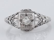 wedding photo - Antique Engagement Ring Art Deco .18ct Old Mine Cut Diamond in Vintage 18k White Gold