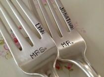 wedding photo - vintage silverware hand stamped pastry fork cake fork  Mr. and Mrs.