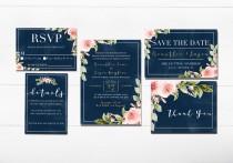 wedding photo - Navy Floral Wedding Invitation - Printable Navy Invitation Suite - Printable Navy and Pink Wedding Invitation - Navy Watercolor Invitation