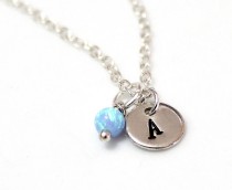wedding photo -  Opal Initial Necklace, Sterling Silver Initial Necklace, Initial Charm, Blue Opal Charm Necklace, Sterling Silver Necklace, Charm Necklace