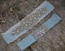 wedding photo - double lace bridal garter set/blue garter/keepsake garter/Rhinestone garter/Lace garter/something blue/bridal garter/blue garter/aqua garter