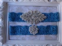 wedding photo - Wedding Garter - Bridal Garter - Crystal Rhinestone Garter and Toss Garter Set on Teal Blue Lace