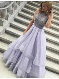 wedding photo -  Elegant A-line Jewel Floor-length Lilac Prom Dress With Beading on Luulla