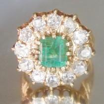 wedding photo - Antique Emerald and Diamond Halo Engagement Ring 18K