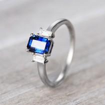 wedding photo - Baguette Sapphire Engagement ring,14K white gold ring,Sapphire diamond ring,Sapphire wedding ring,Sapphire solitaire ring,Baguette gold ring