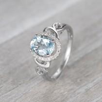 wedding photo - Aquamarine Engagement Ring,14K white gold ring,Halo aquamarine diamond ring,Aquamarine wedding ring,Oval aquamarine ring,Art deco halo ring