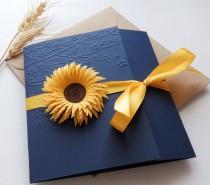 wedding photo - Sunflower handmade wedding invitation/Country invitation/Rustic invitation/Navy blue invite/Unique wedding invite/Yellow daisy invitation