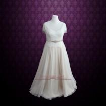 wedding photo - Plus Size Premium Chiffon Grecian Goddess Wedding Dress with Crystal Sash and Fringe Cap Sleeves 