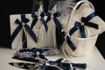 wedding photo -  Navy Blue Wedding Basket   Navy Bearer Pillows   Guest Book with Pen   Navy Bridal Garter Set   Champagne glasses   Navy Cake server Set