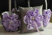wedding photo - Lavender Flower Girl Basket  Lilac Ring bearer Pillow  Lavender Ring Pillow Basket Set  Lilac Gray Wedding Basket  Gray Wedding Pillow