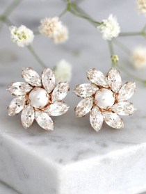 wedding photo -  Bridal Pearl Earrings, Bridal Earrings, Bridal Clear Crystal Earrings, Swarovski Crystal Earrings, Bridesmaids Earrings,Cluster Pearl Studs