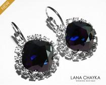 wedding photo -  Dark Navy Blue Crystal Halo Earrings Swarovski Dark Indigo Rhinestone Leverback Sparkly Earrings Deep Blue Crystal Wedding Blue Jewelry