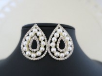 wedding photo -  Bridal Pearl Earrings, Pearl Wedding Earrings, Vintage Wedding Jewelry, Bridal Crystal Earrings, Large Drop, Stud Earrings for Brides