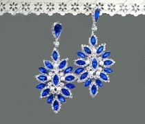 wedding photo -  Sapphire Blue Wedding Earrings, Large Blue Bridal Earrings, Blue Rhinestone Earrings, Royal blue Crystal Earrings