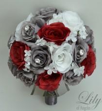 wedding photo - 17 Piece Package Wedding Bridal Bouquet Silk Flowers Bouquets Artificial Bride RED GREY JEWELS Faux Diamonds "Lily of Angeles" GYRE01"