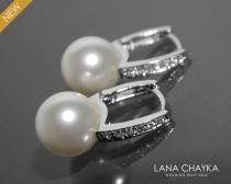 wedding photo -  White Pearl Bridal Earrings Pearl CZ Leverback Wedding Earrings Swarovski 10mm Pearl Silver Earrings Bridal Pearl Earring Bridesmaid Jewelry