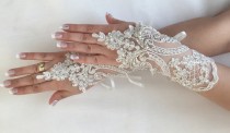 wedding photo -  FREE SHIP Ivory Wedding gloves hand emroidered bridal gloves lace gloves fingerless gloves french lace gloves