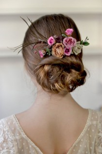 wedding photo -  Feather floral comb purple beige flower comb boho Fabric flowers comb burlap head piece Bridal Purple hair dress