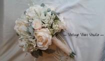 wedding photo - Blush and Cream Silk Wedding Bouquet With Peony Rose and Tallow Berries
