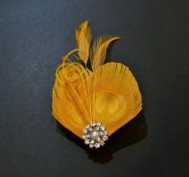 wedding photo - Yellow Peacock Feather Hair Clip Fascinator Headpiece Bridesmaids Hair Accessory Wedding Crystal Diamante Pearl 'Lisette'