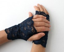 wedding photo -  Navy Blue Lace Gloves, fingerless mittens, gift for her,